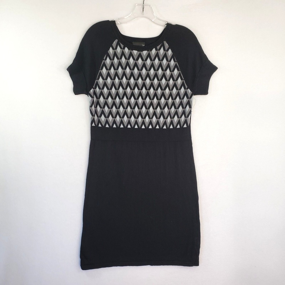 Worthington Knit Sweater Dress Womens L Black Geometric Short Sleeve Casual Y2K